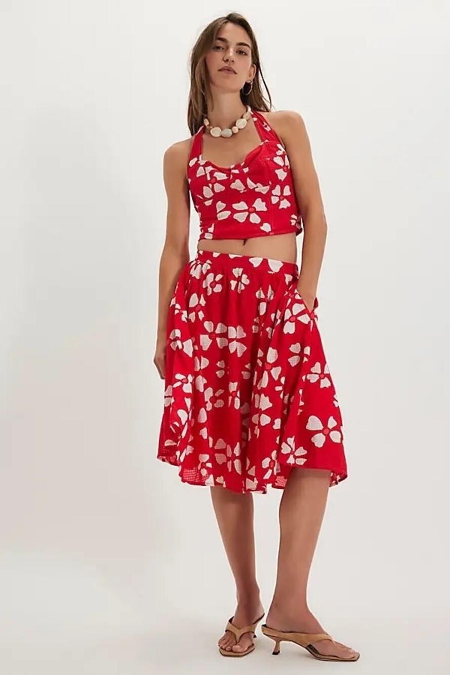 NWT FREE PEOPLE Keepsake Set $148 MEDIUM Red Poppy Combo MIDI SKIRT Halter Top